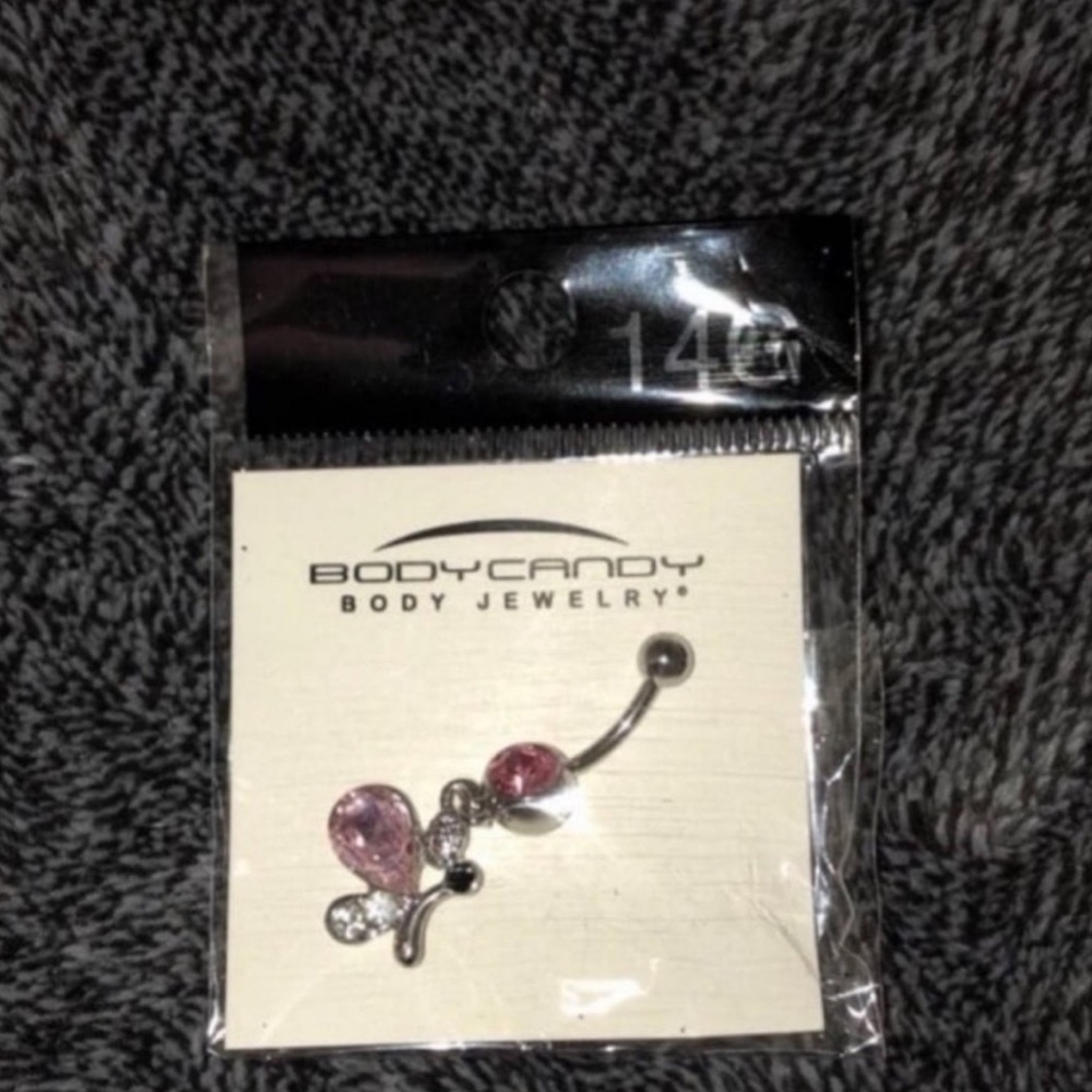 Pink butterfly gem belly ring